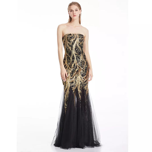 Angel-fashions Strapless Gold Sequin Zipper Side Dress