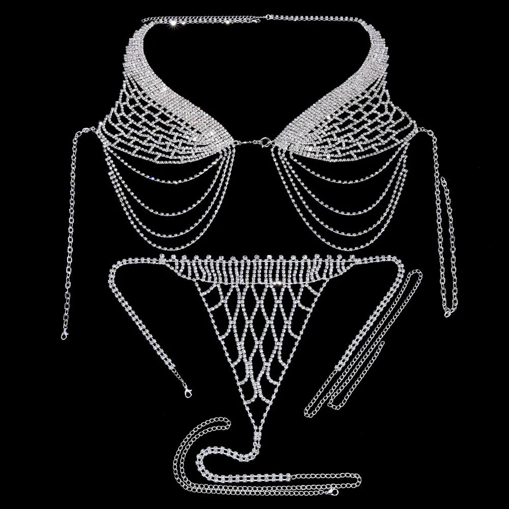 Tassel Rhinestone Bra Chain Harness Bikini Bra and Thong Sets