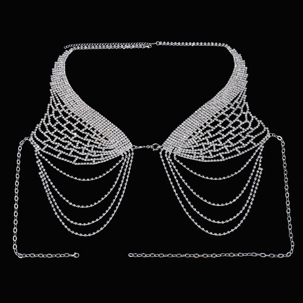 Tassel Rhinestone Bra Chain Harness Bikini Bra and Thong Sets