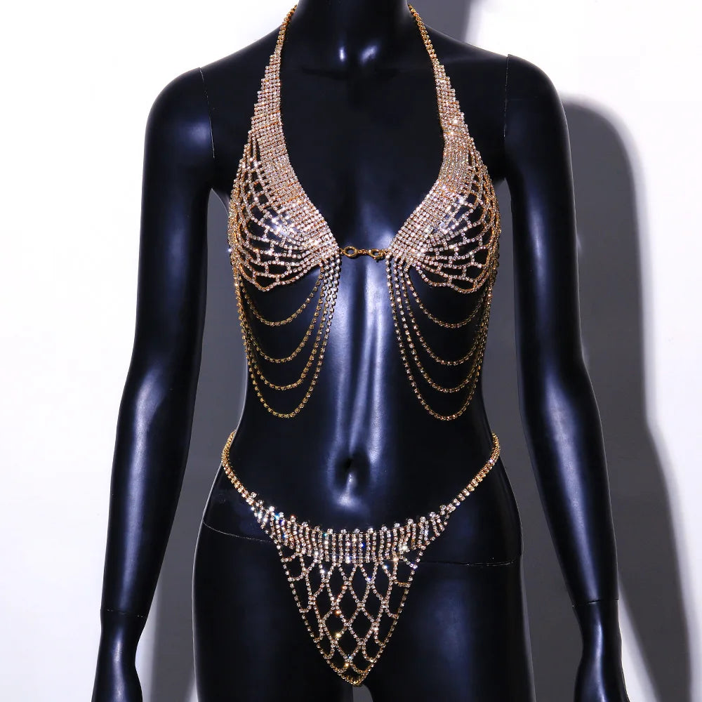 Tassel Rhinestone Bra Chain Harness Bikini Bra and Thong Sets