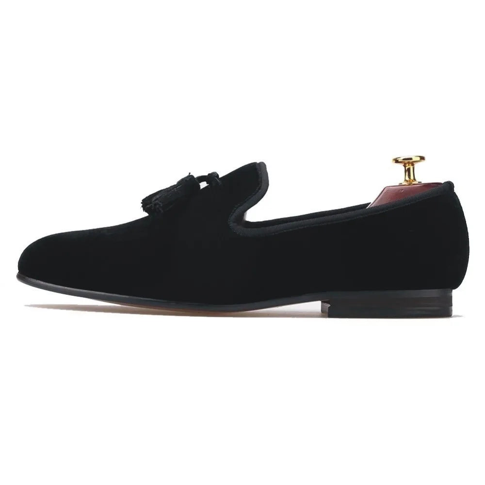 Handmade Mens Black Velvet Tassel Casual  Loafers