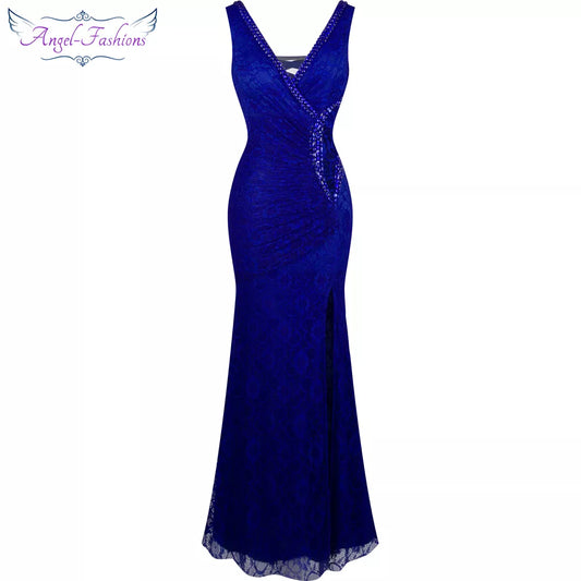 Angel-fashions Beaded See Through Lace Evening Dress