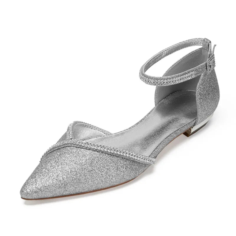 Flat Sequin Wedding Pointed Toe Ankle Buckle Strap Shoes