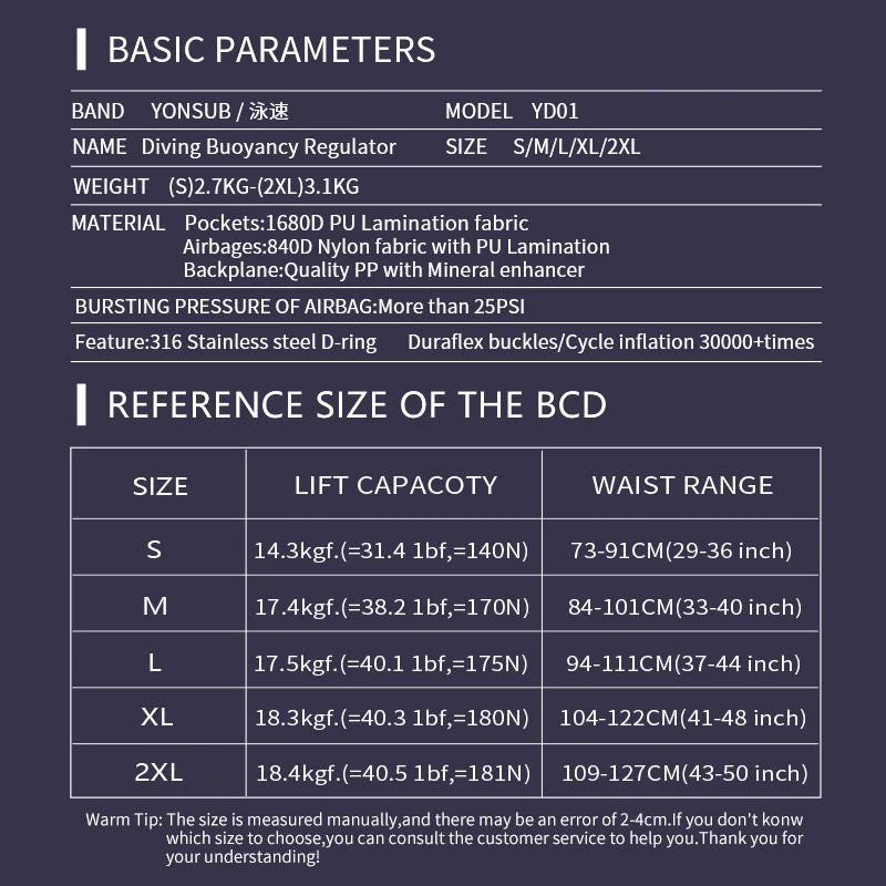 YONSUB BCD Scuba Diving Buoyancy Compensator w/Weight Integrated Pocket
