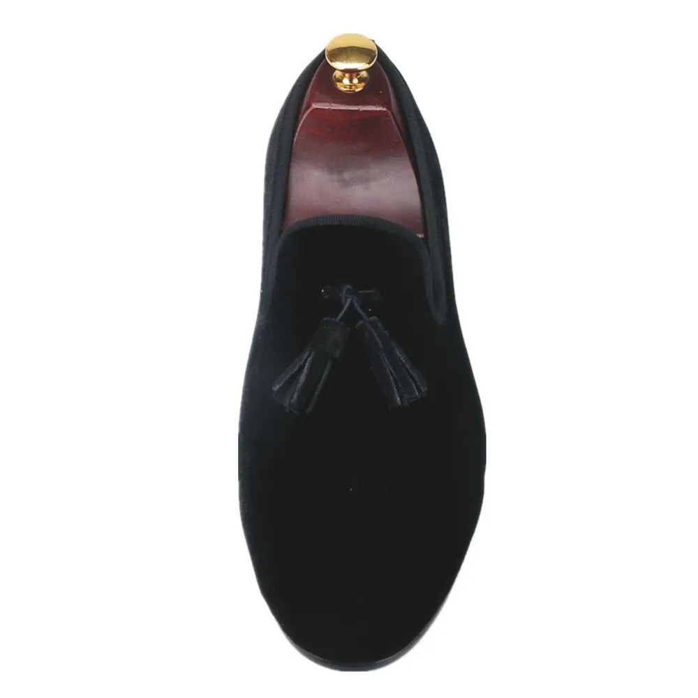 Handmade Mens Black Velvet Tassel Casual  Loafers