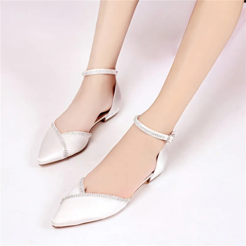 Satin Crystals Pointed Toe Ankle Buckle Wedding Flats Shoe