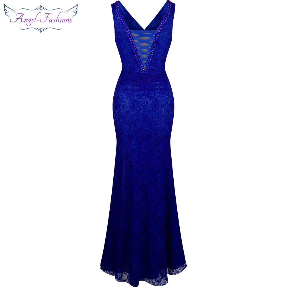 Angel-fashions Beaded See Through Lace Evening Dress