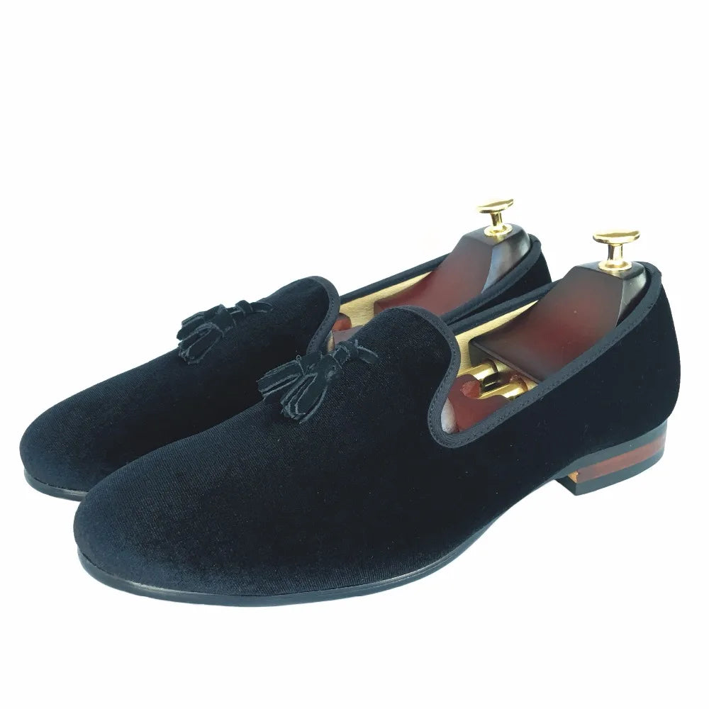 Handmade Mens Black Velvet Tassel Casual  Loafers