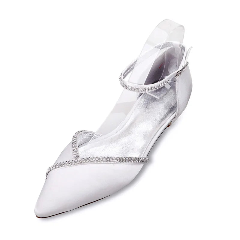 Satin Crystals Pointed Toe Ankle Buckle Wedding Flats Shoe