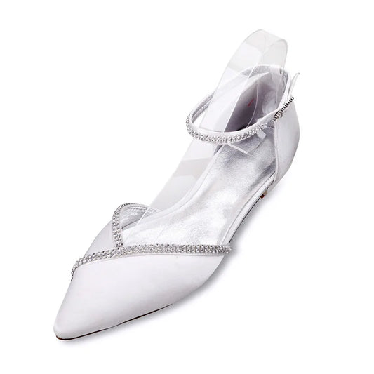 Satin Crystals Pointed Toe Ankle Buckle Wedding Flats Shoe