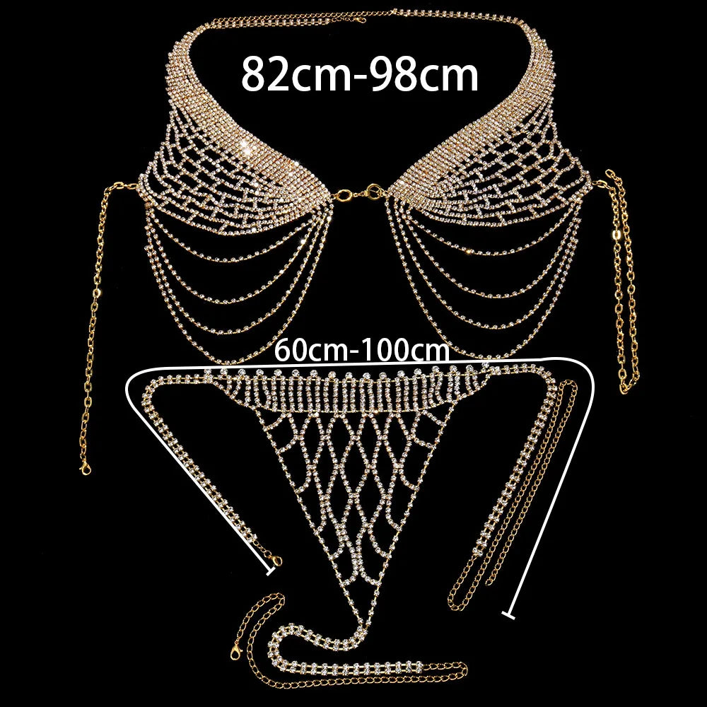 Tassel Rhinestone Bra Chain Harness Bikini Bra and Thong Sets