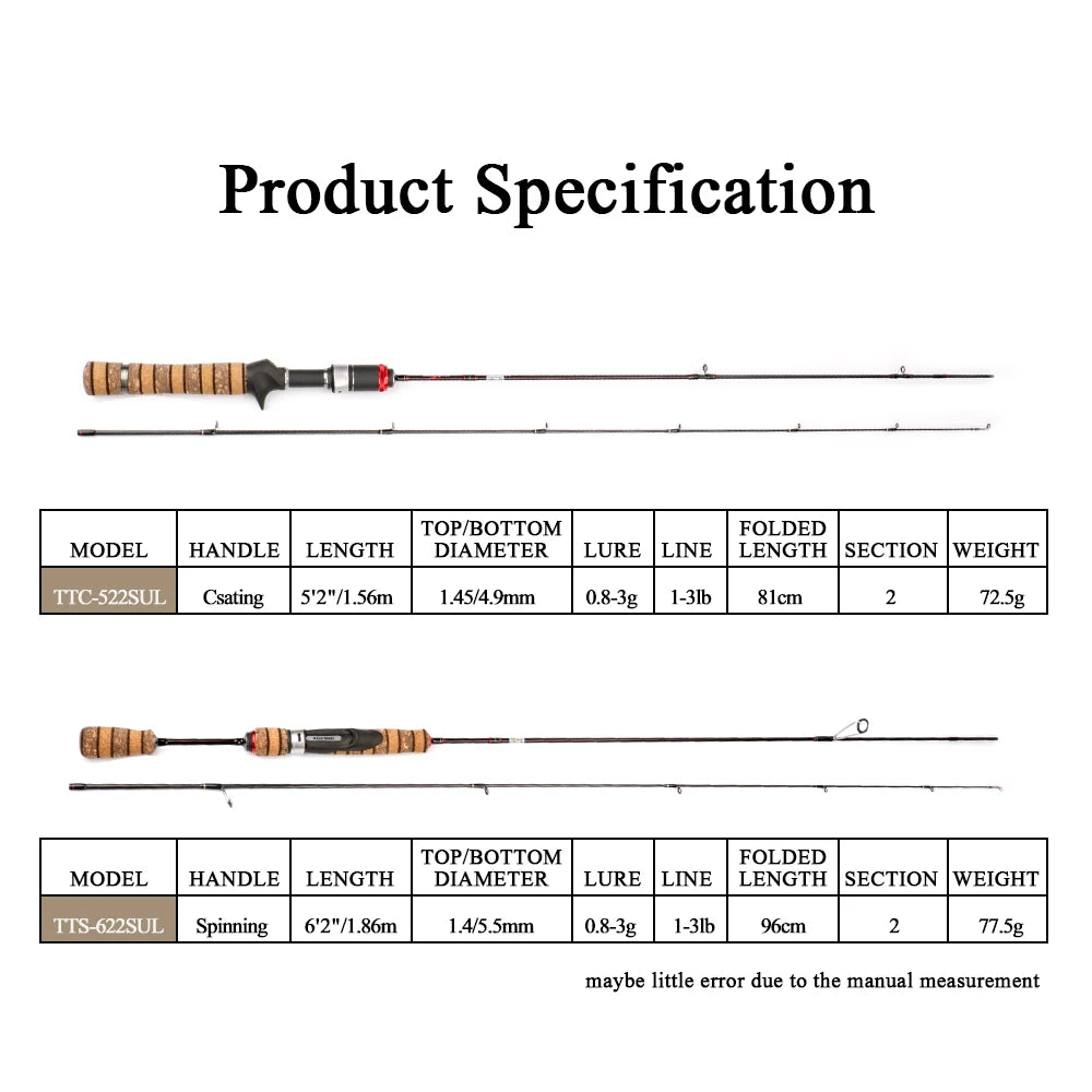 KUYING Teton SUL Super Ultralight 5'2" Casting 6'2" Spinning Soft Carbon \\ Rod