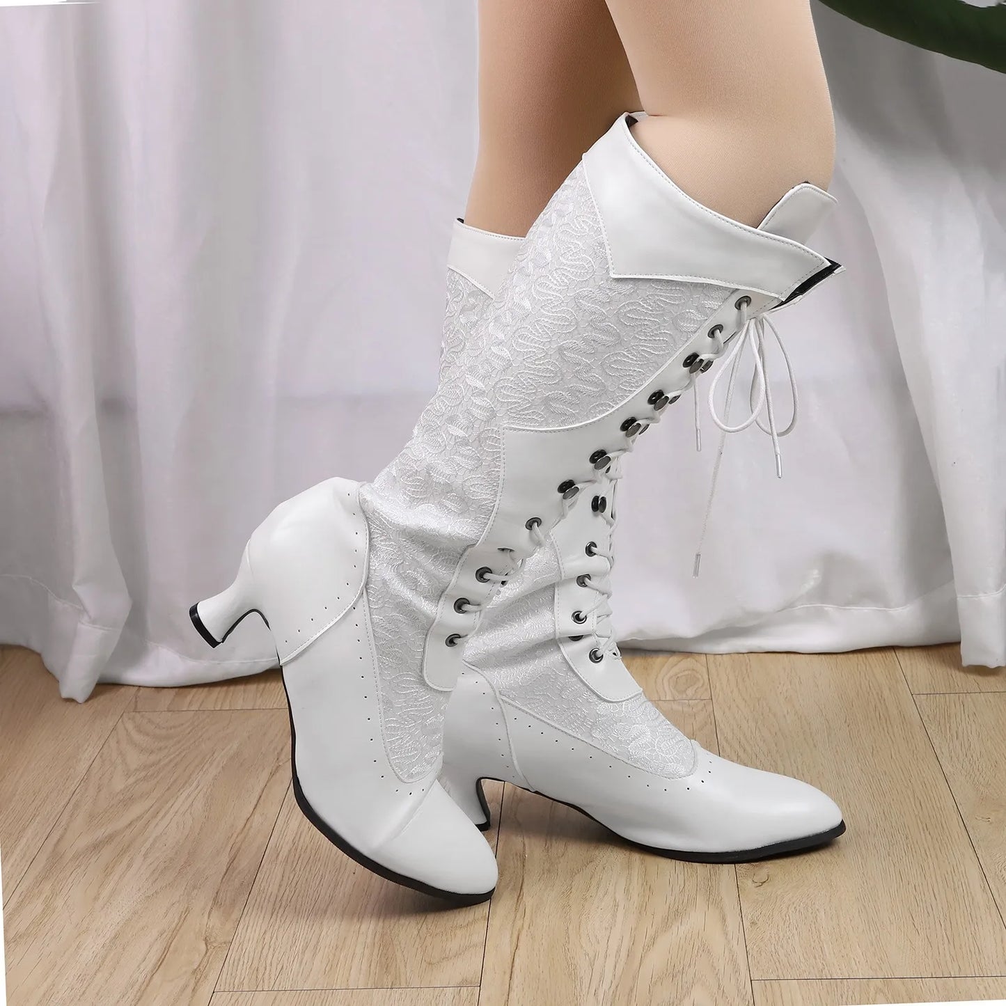 Fashion White Lace Patchwork Lace Up Knee High Boots