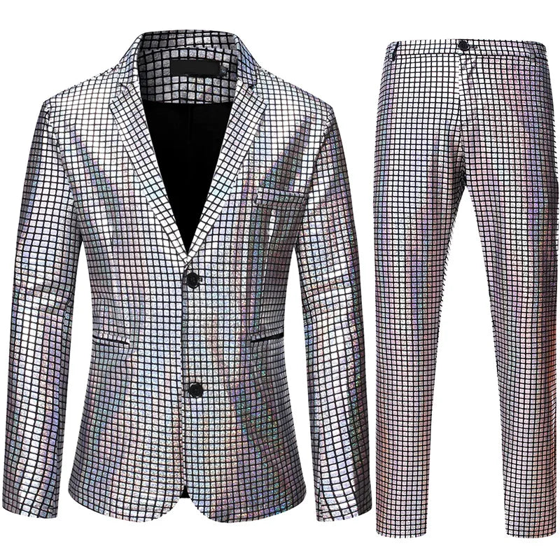 Shiny Rainbow Plaid Sequin Jacket Pants Stage Prom Suits