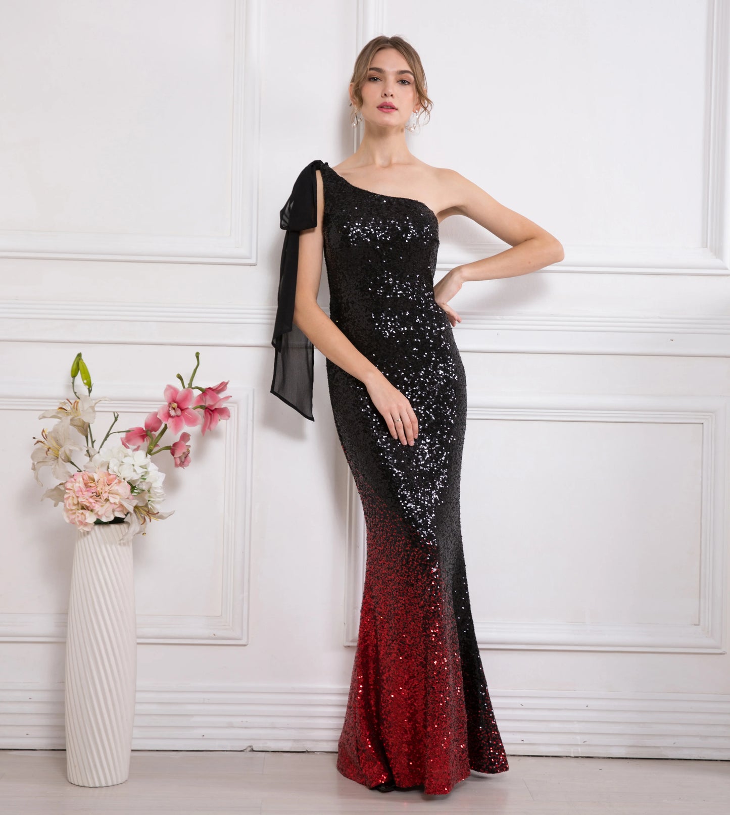 One Shoulder Gradient Sequin Black Red Chiffon Dress