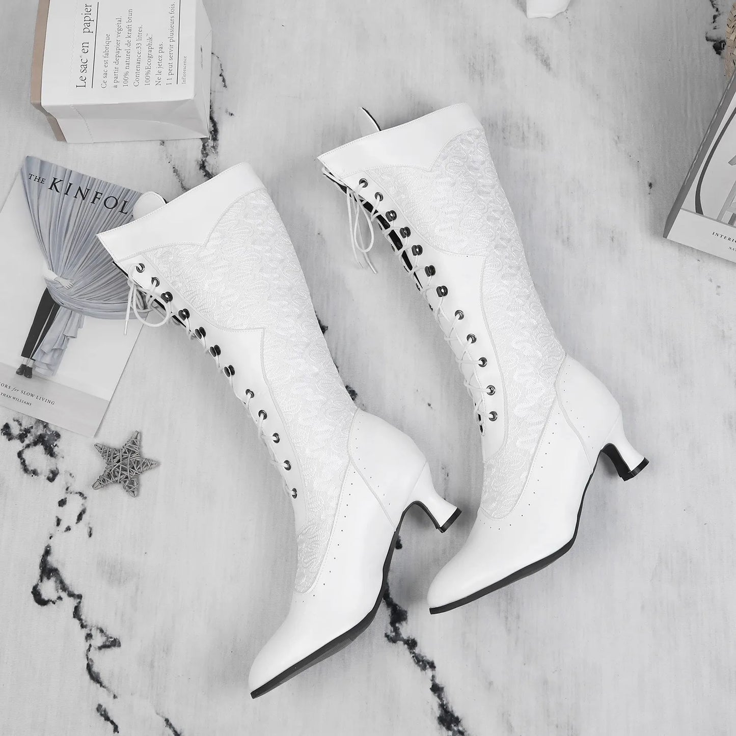 Fashion White Lace Patchwork Lace Up Knee High Boots