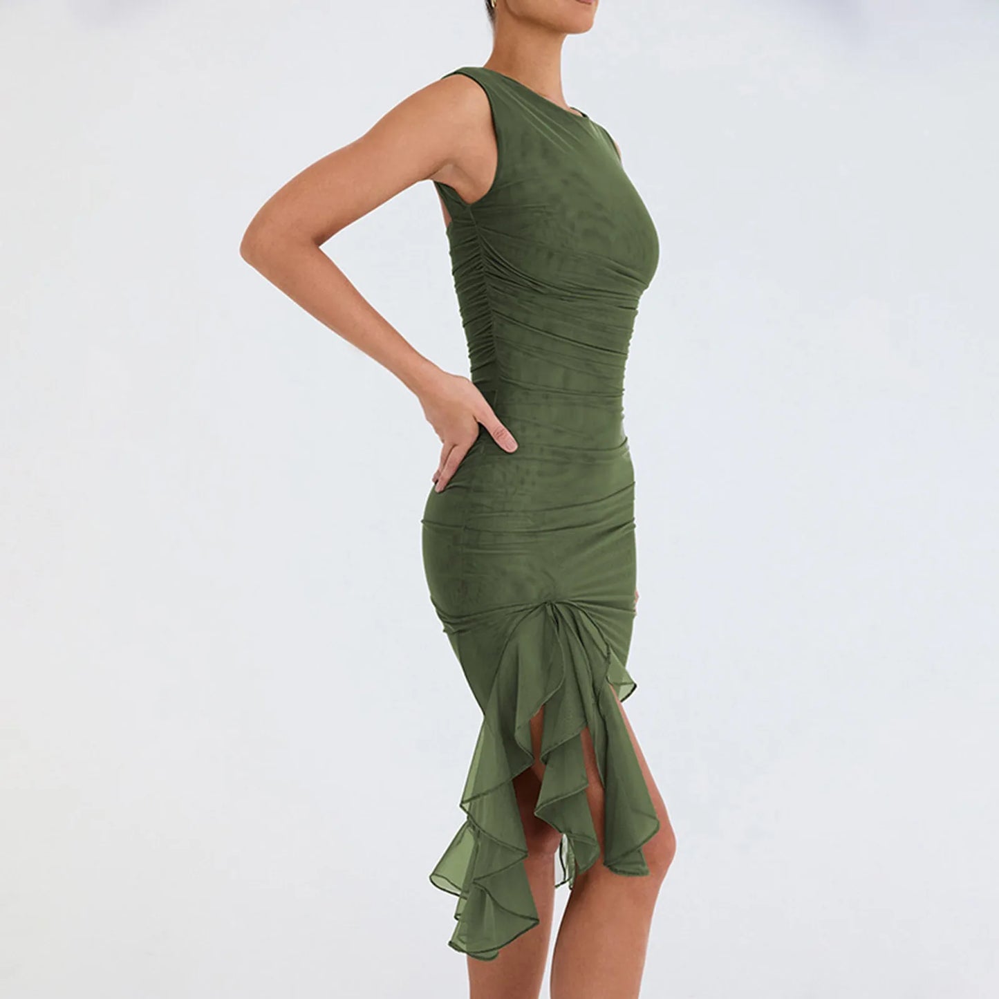 Elegant Backless Sleeveless Ruffle Ruched Midi Dress