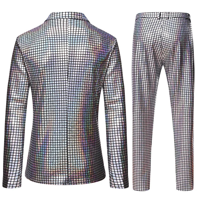 Shiny Rainbow Plaid Sequin Jacket Pants Stage Prom Suits