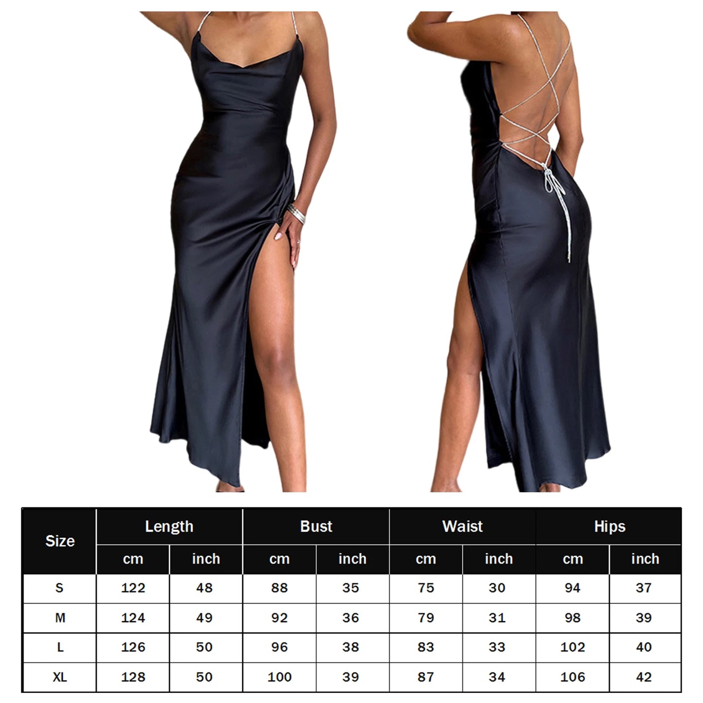 Spaghetti Strap Solid Color Side Split Elegant Dress