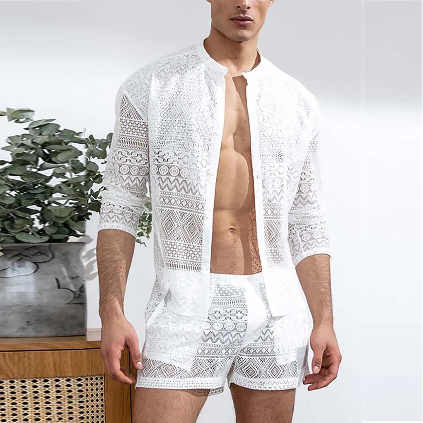 Hollow Out Sexy Lace Suit Fashion Long Sleeve Shirt