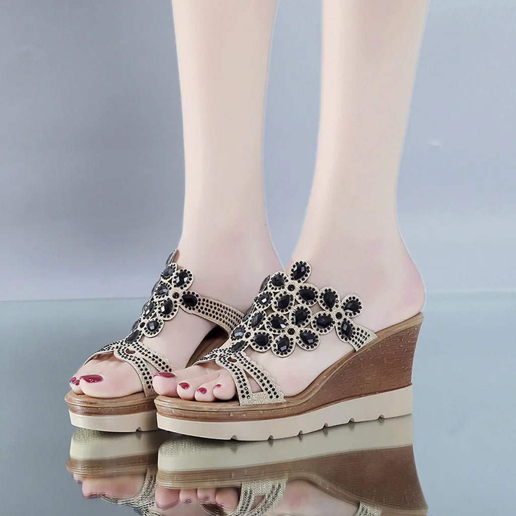 Summer Open Toe Slip On Rhinestone Wedges Sandals