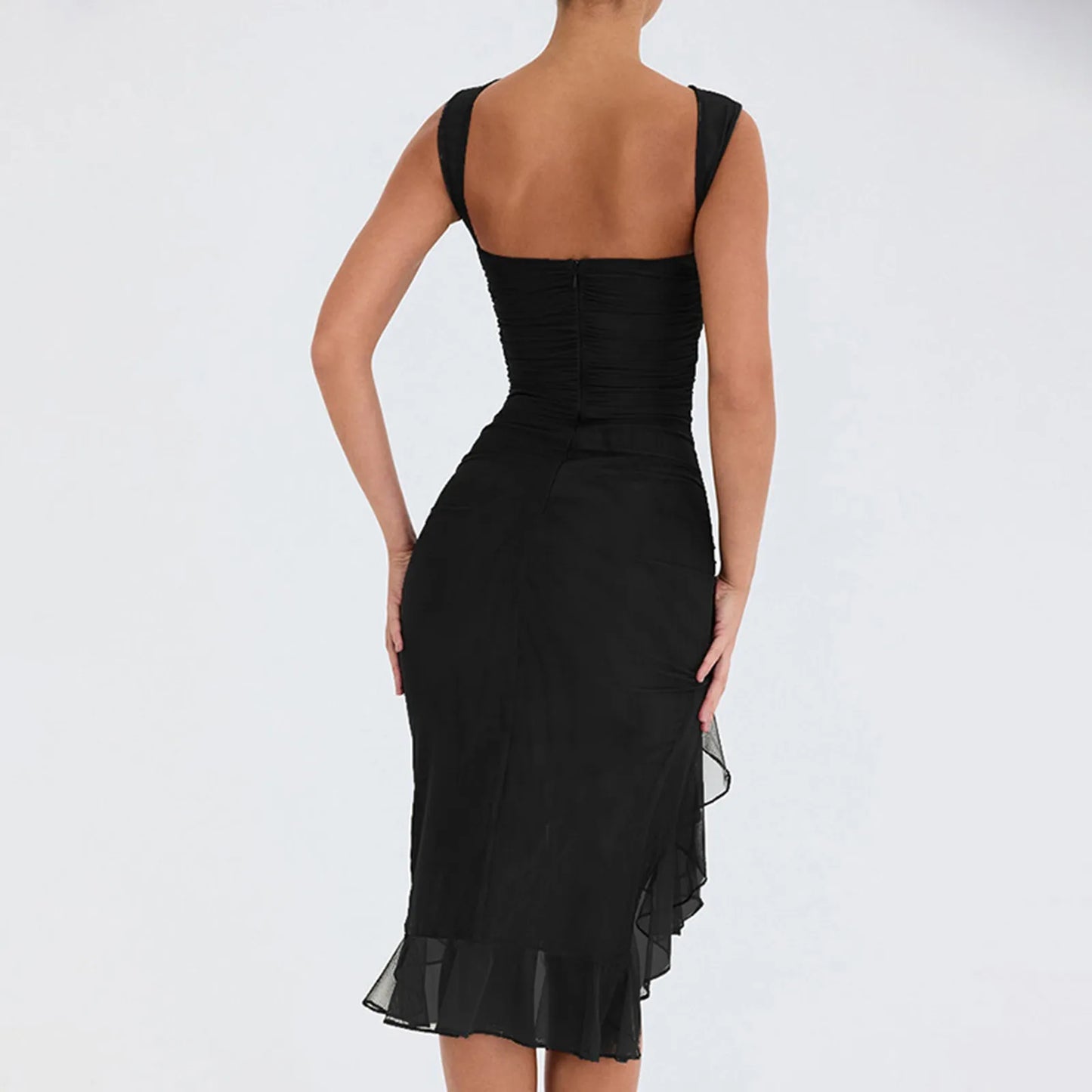 Elegant Backless Sleeveless Ruffle Ruched Midi Dress