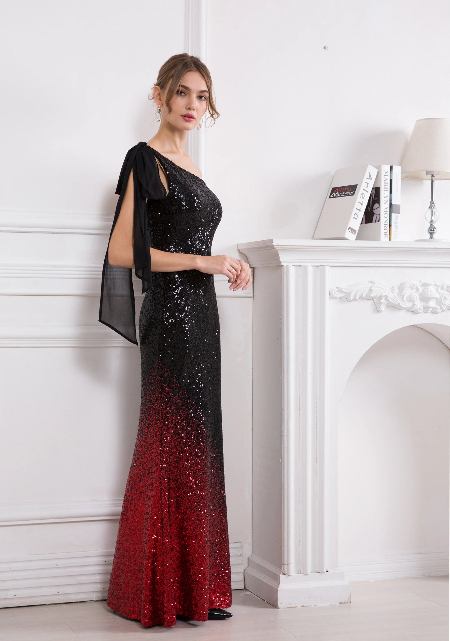 One Shoulder Gradient Sequin Black Red Chiffon Dress