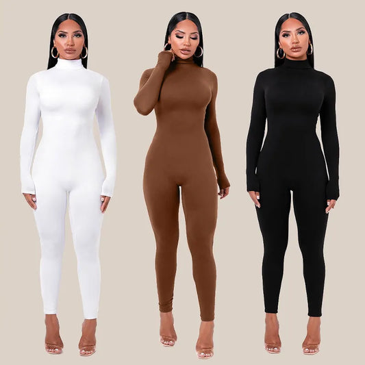 Fashion High Collar Long Sleeve High Waist Pants  Jumpsuit