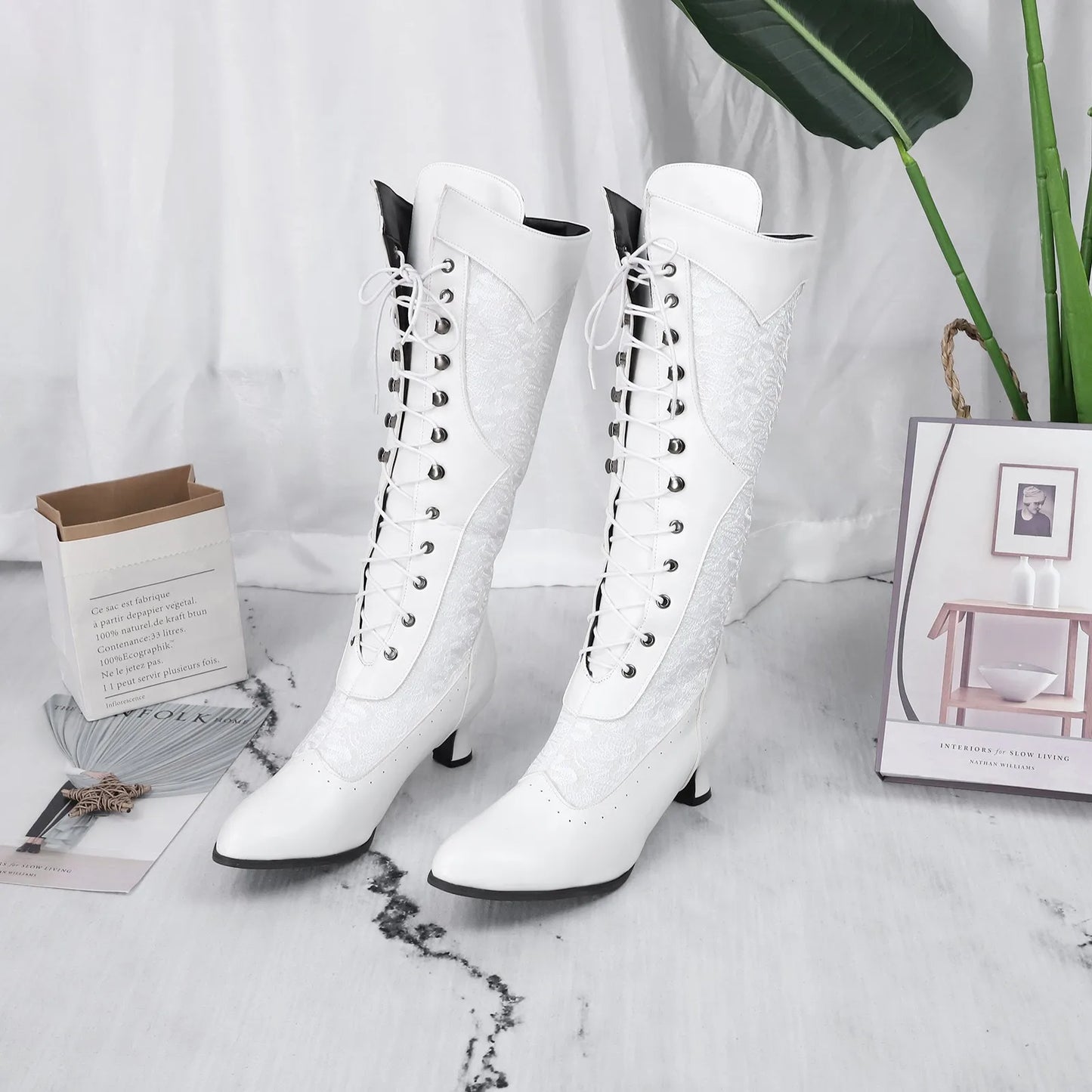 Fashion White Lace Patchwork Lace Up Knee High Boots