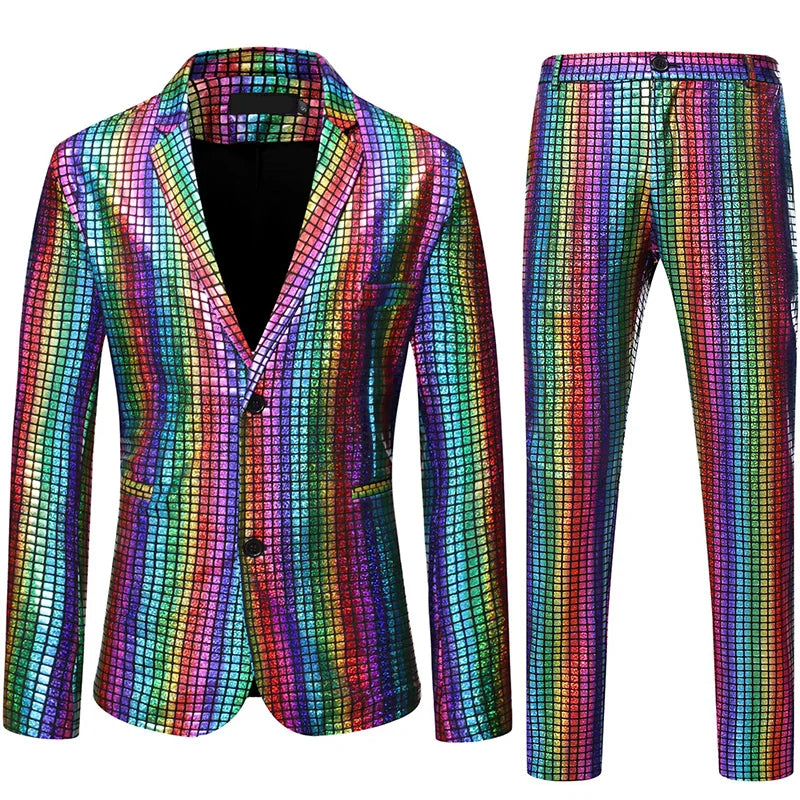 Shiny Rainbow Plaid Sequin Jacket Pants Stage Prom Suits