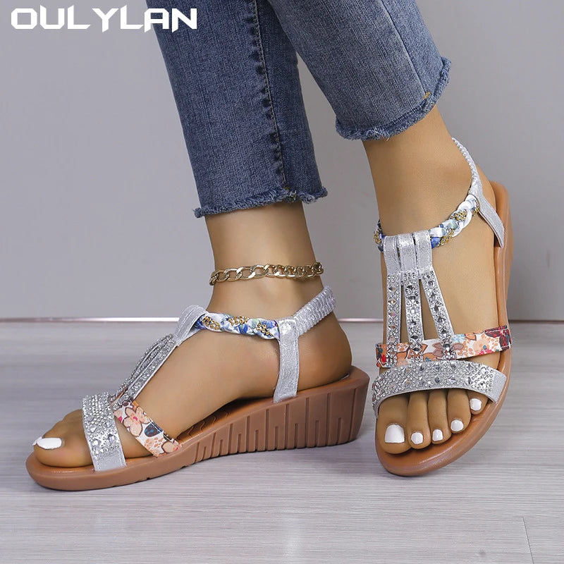 Women Wedge Summer Bohemia Rhinestones Casual Platform Sandals