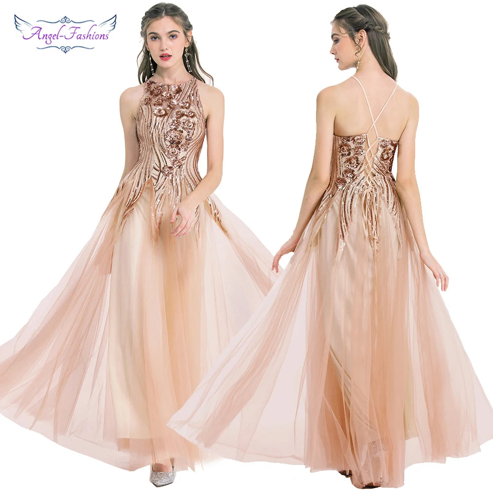 Angel-fashions Luxury Sequin Splicing Tulle Prom Dres