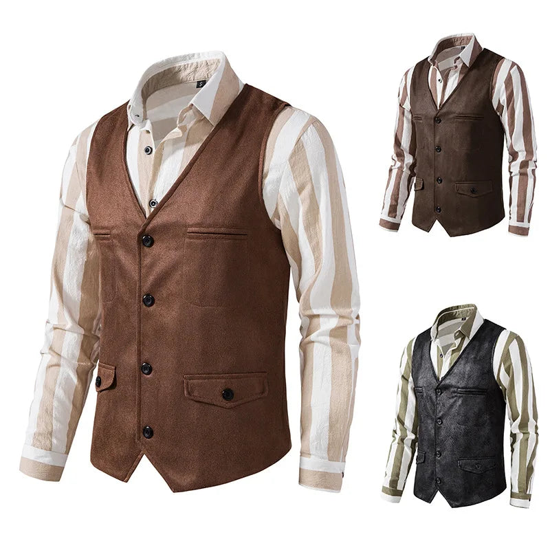 Men Vest V-neck Suede Single Breasted Jacket Casual Vest for Wedding Groomsmen