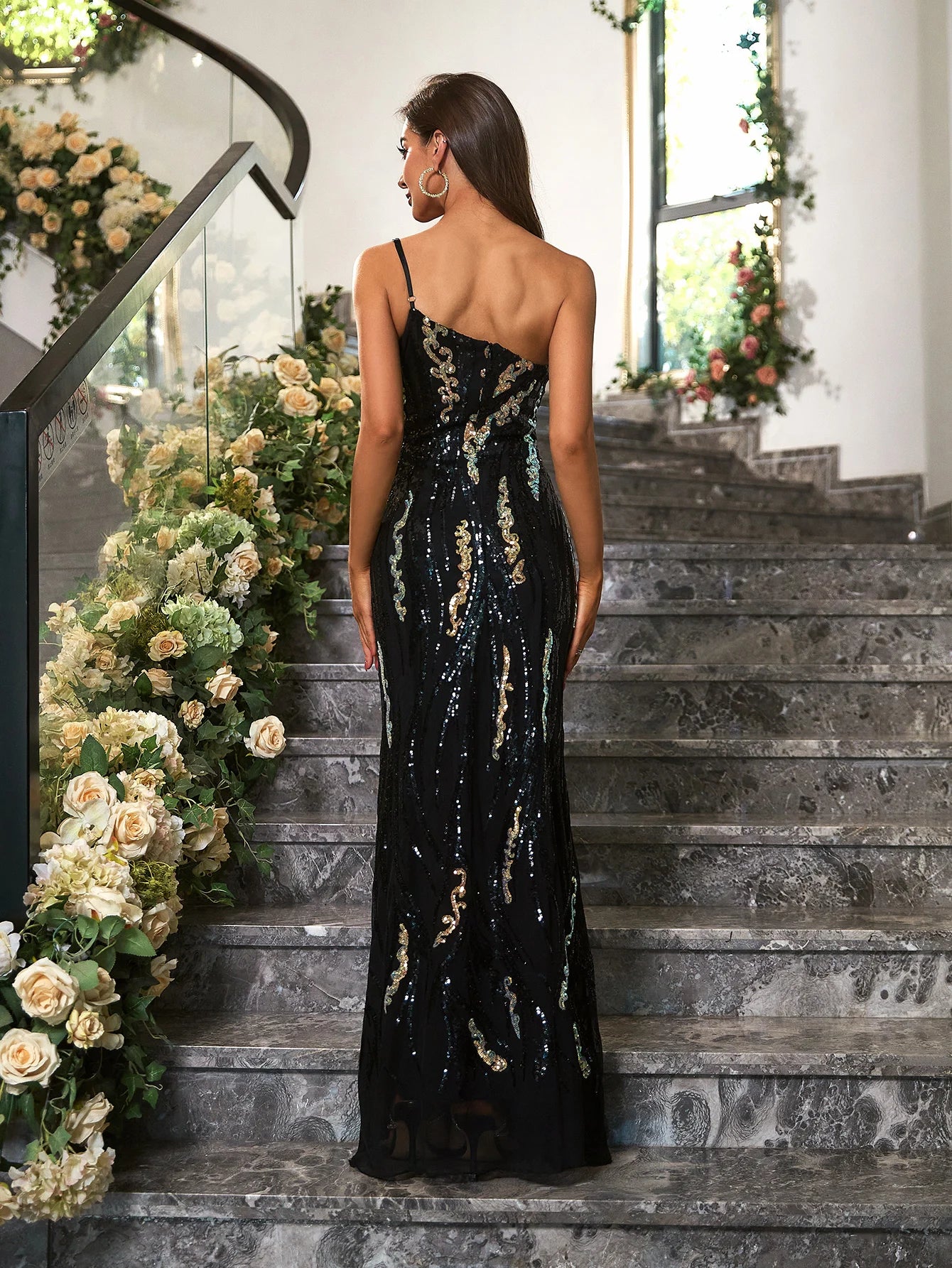 One Shoulder Golden Sequin Long Sheath Black  Dress