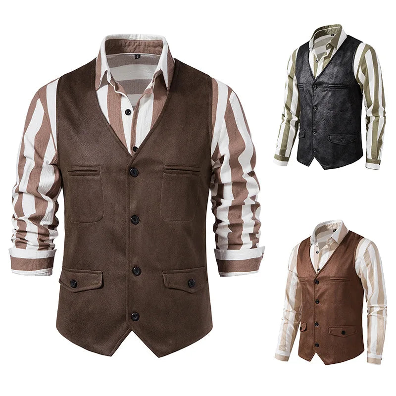 Men Vest V-neck Suede Single Breasted Jacket Casual Vest for Wedding Groomsmen