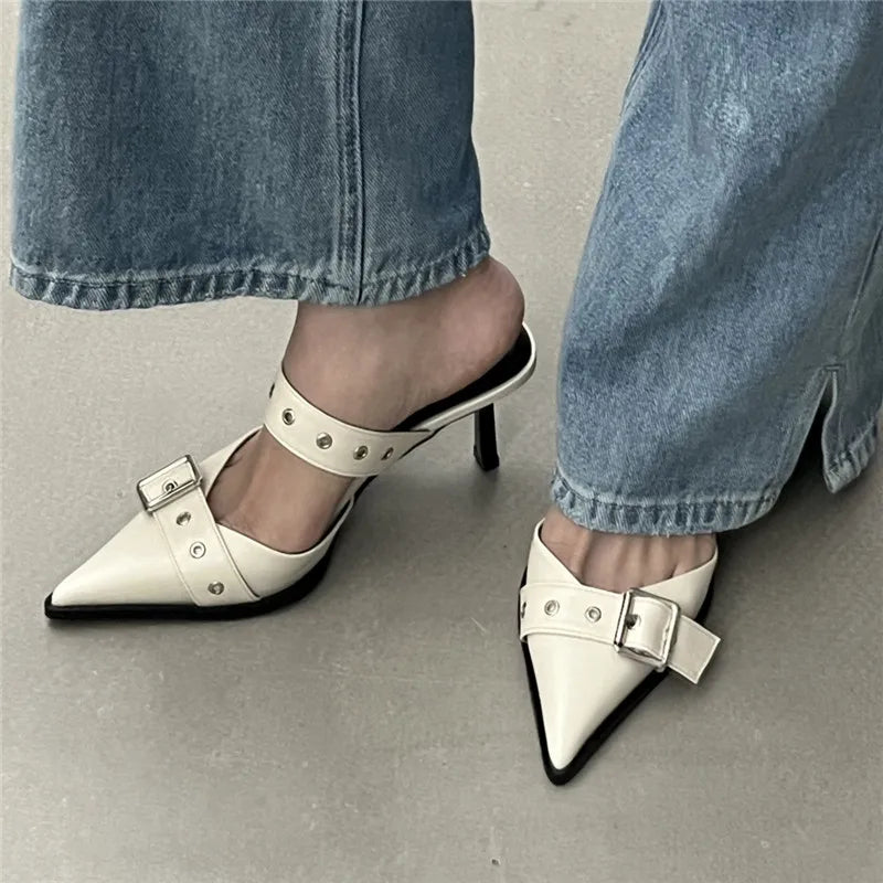 Punk Goth Metal Buckle High Heels Pointed Toe Silver Shoes