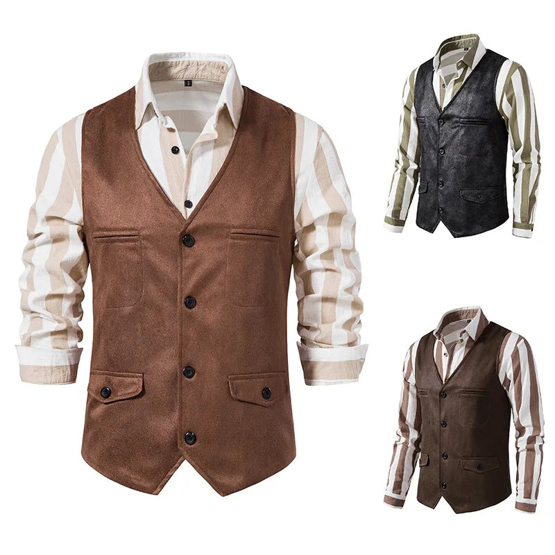 Men Vest V-neck Suede Single Breasted Jacket Casual Vest for Wedding Groomsmen