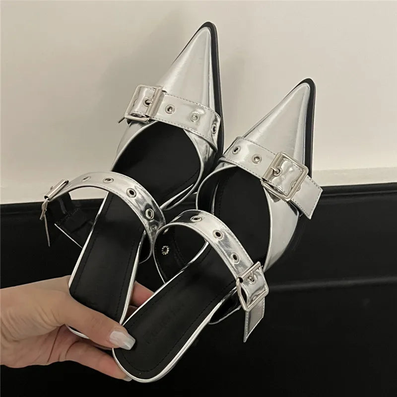 Punk Goth Metal Buckle High Heels Pointed Toe Silver Shoes