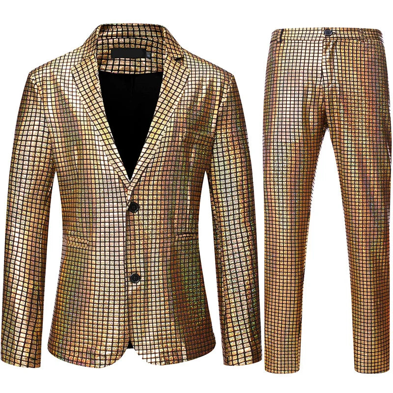 Shiny Rainbow Plaid Sequin Jacket Pants Stage Prom Suits