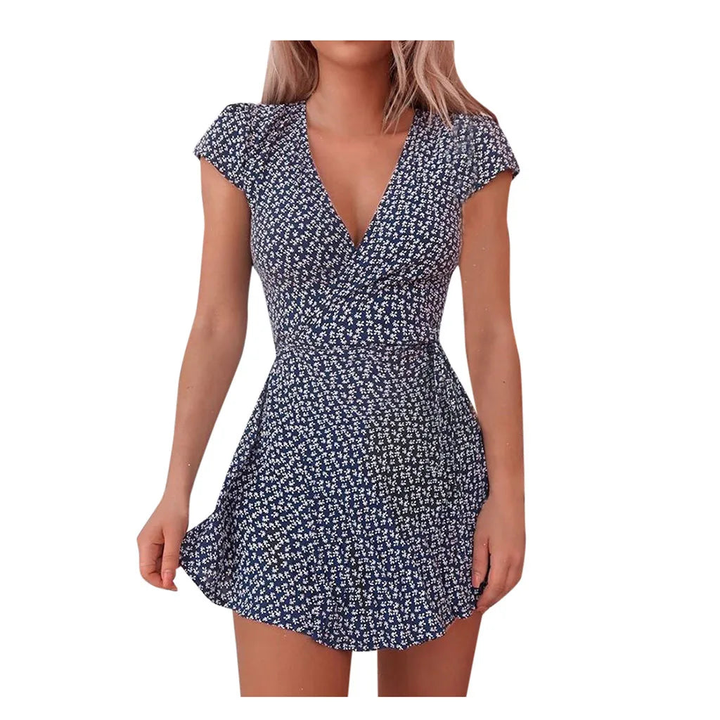 Floral Print Half V-Neck Mini Sleeve Dress