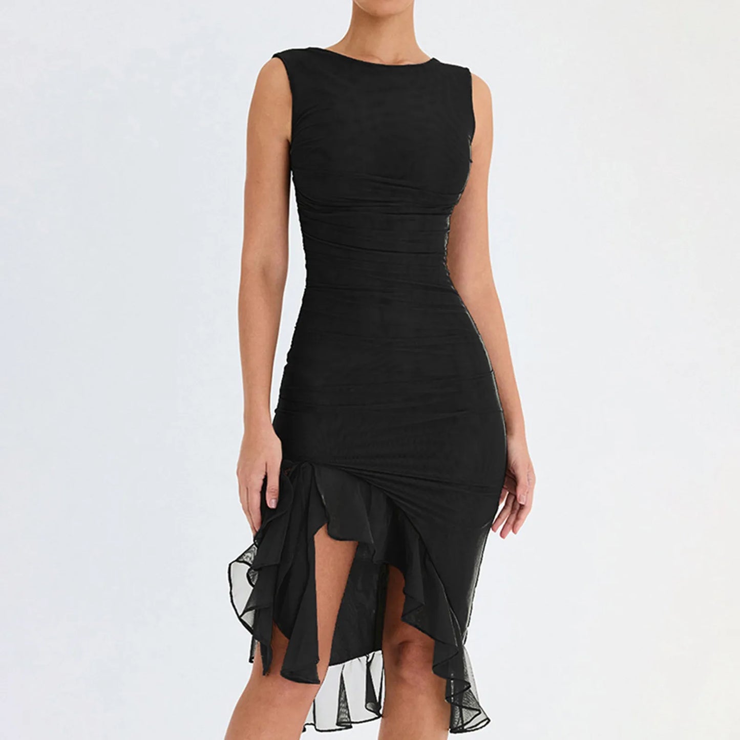 Elegant Backless Sleeveless Ruffle Ruched Midi Dress