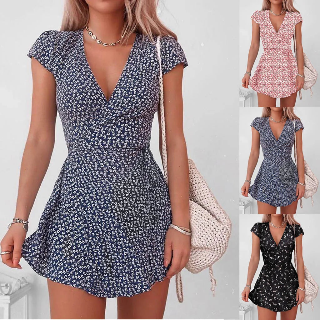 Floral Print Half V-Neck Mini Sleeve Dress