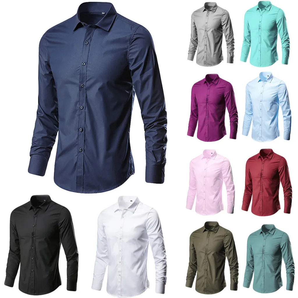 Fashion Business Leisure Lapel Solid Color Long-Sleeved Shirt