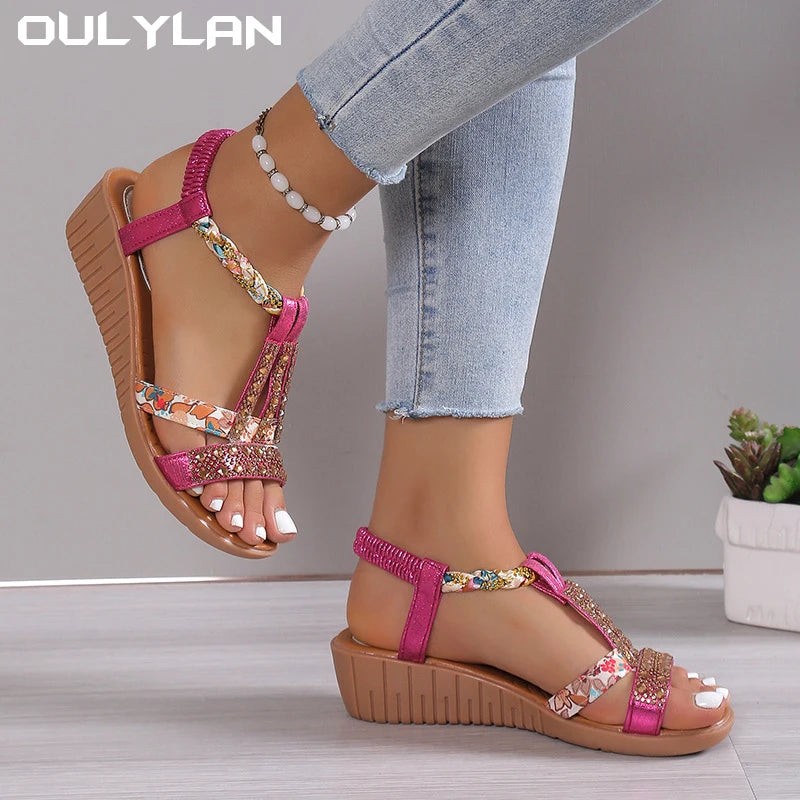 Women Wedge Summer Bohemia Rhinestones Casual Platform Sandals