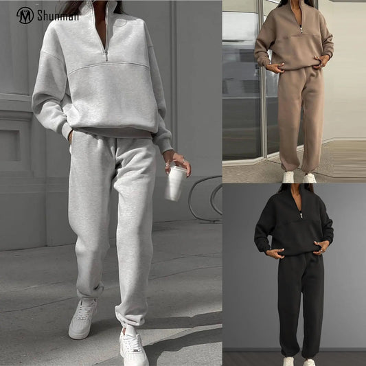 Stand Collar 2 Pieces Sweatshirt Set Drop Shoulder Women Casual Shirt Top Pants Sports Style Pullover Top Pants Vacation Outfit