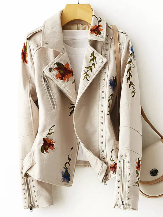 FTLZZ New Retro Floral Embroidery Faux Leather Jacket