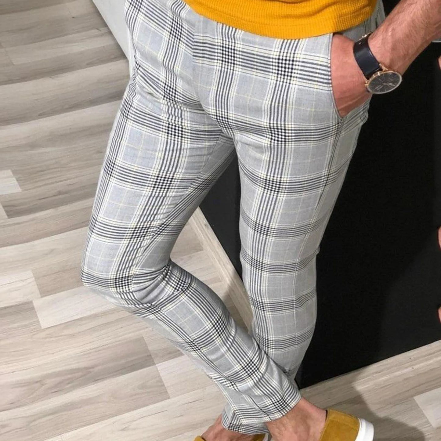 Vintage Plaid Print Men's Casual  ong Pants