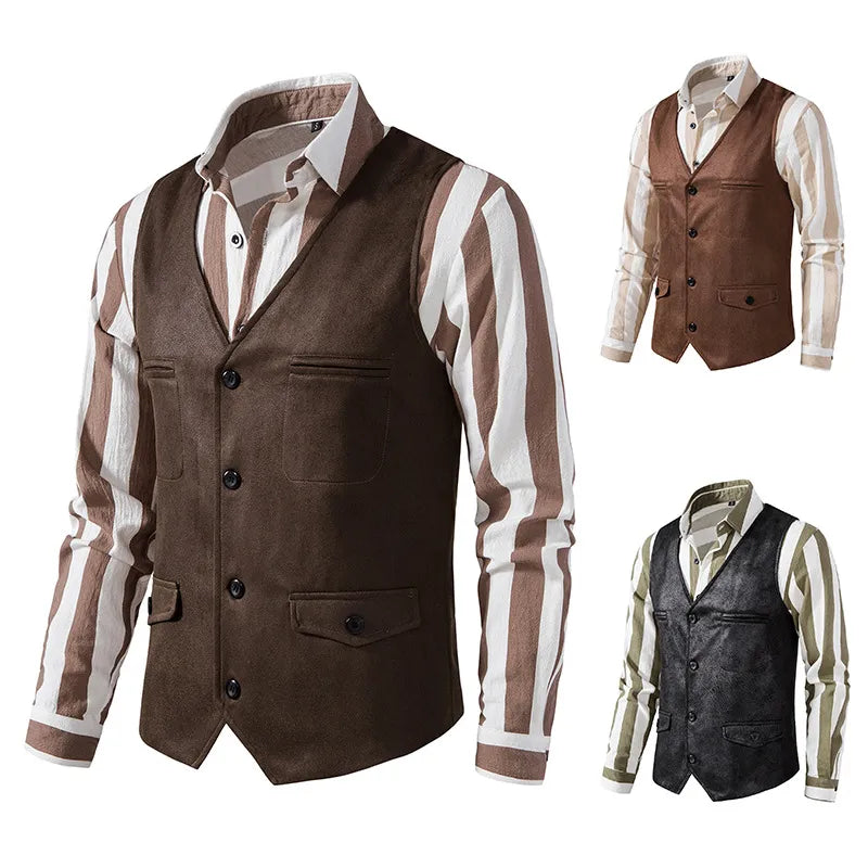 Men Vest V-neck Suede Single Breasted Jacket Casual Vest for Wedding Groomsmen