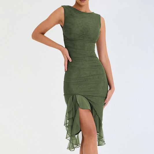 Elegant Backless Sleeveless Ruffle Ruched Midi Dress