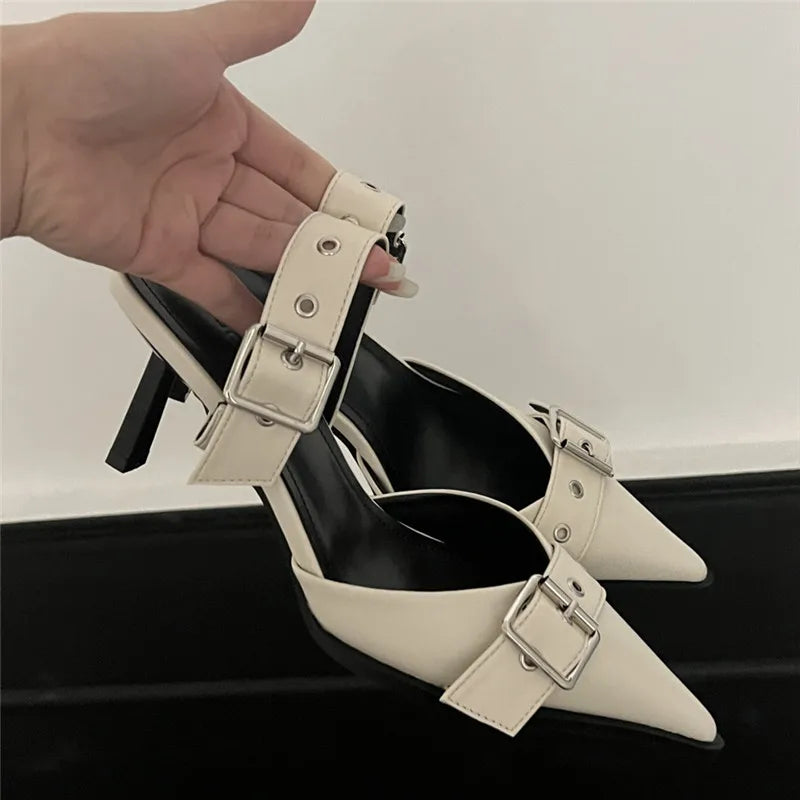 Punk Goth Metal Buckle High Heels Pointed Toe Silver Shoes